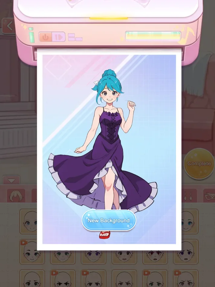 Printer-style preview of the completed blue-haired character