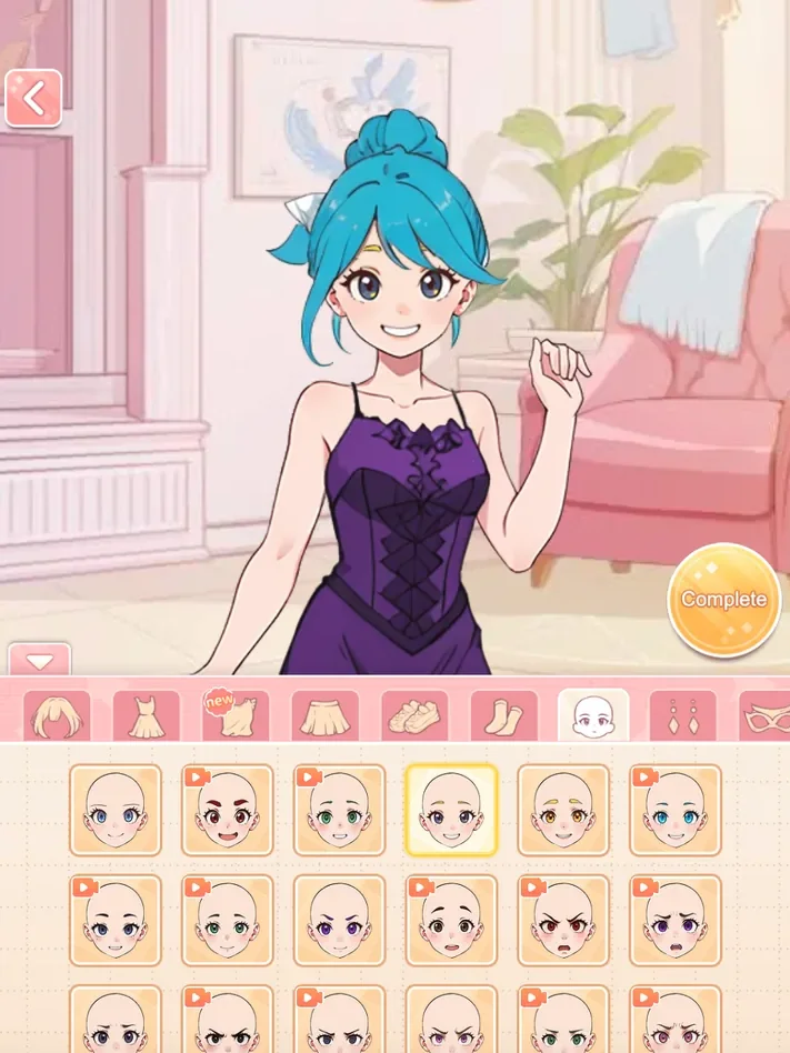 Close view of the avatar beside the face expression choices