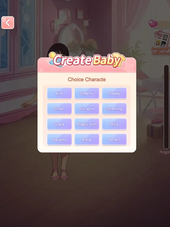 Create Baby screen showing personality choices