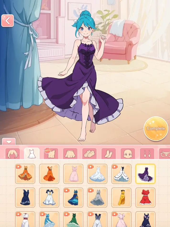 Avatar wearing a long purple dress in the clothing menu