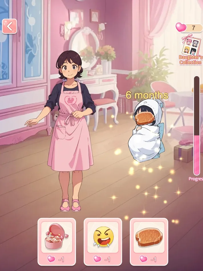 Six-month growth screen with three one-heart choice cards