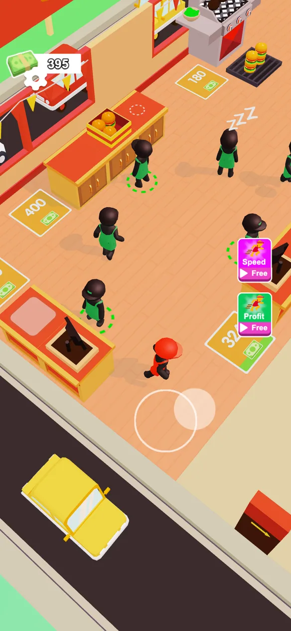 Busy Burger Bar restaurant with customers staff counters and 395 coins