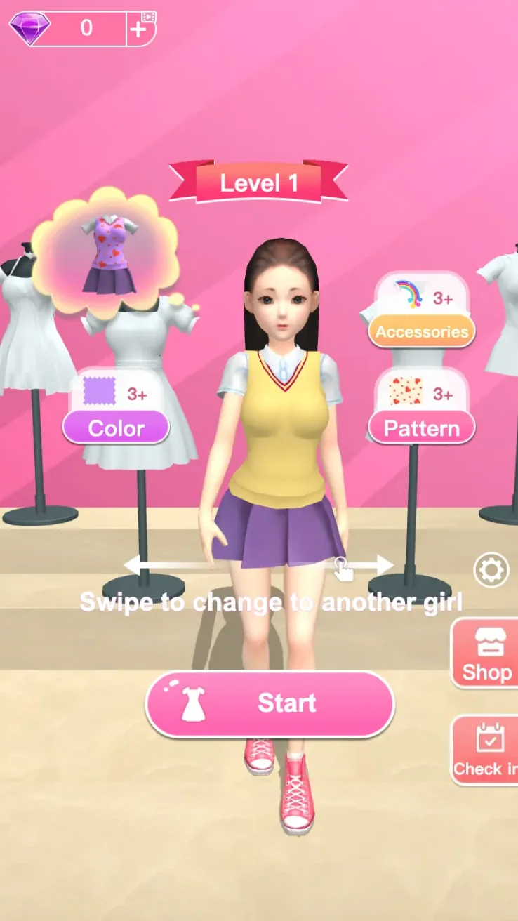 Fashion Girl Level 1 screen with a girl and the outfit picture