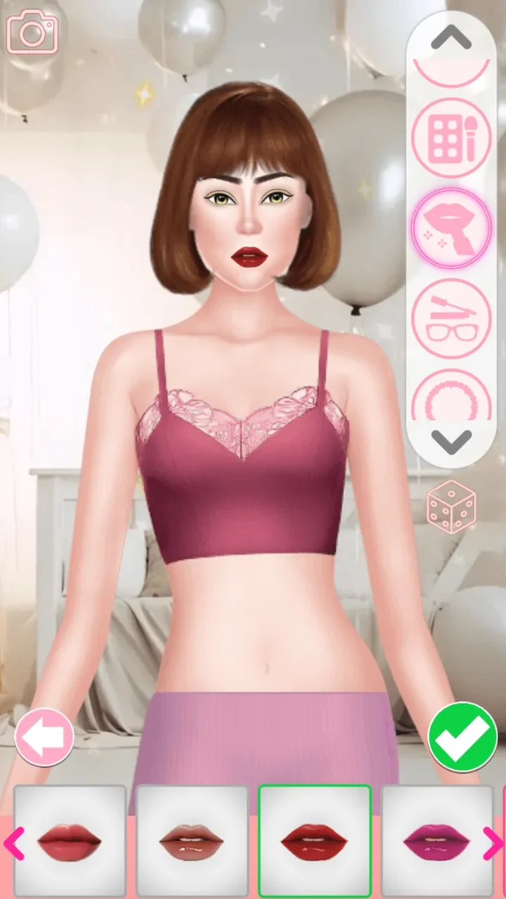 Character wearing the selected glossy dark red lipstick