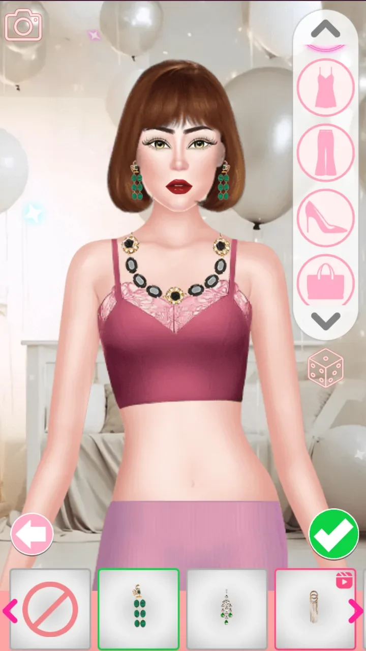 Character wearing long green drop earrings with the necklace