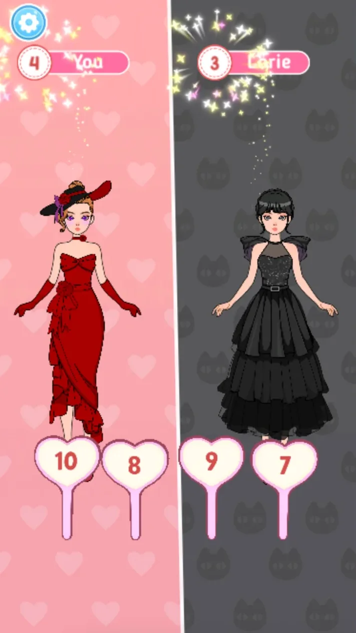 Red and black Contest outfits compared with two heart scores each