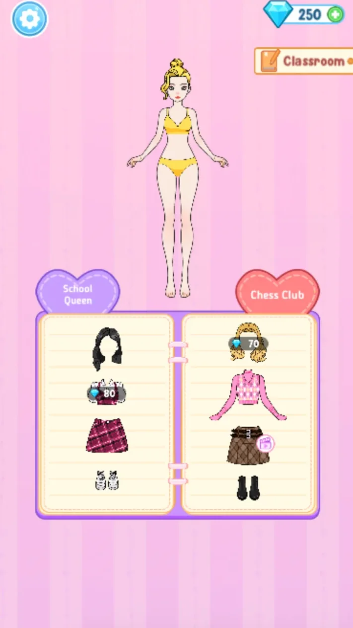 Classroom story wardrobe with School Queen and Chess Club pages