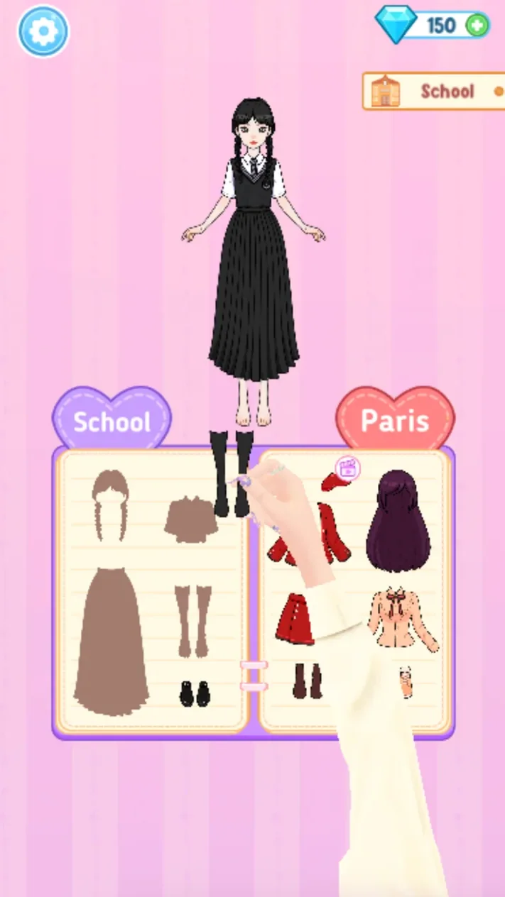 School and Paris outfit pages in the Paper Doll Diary wardrobe
