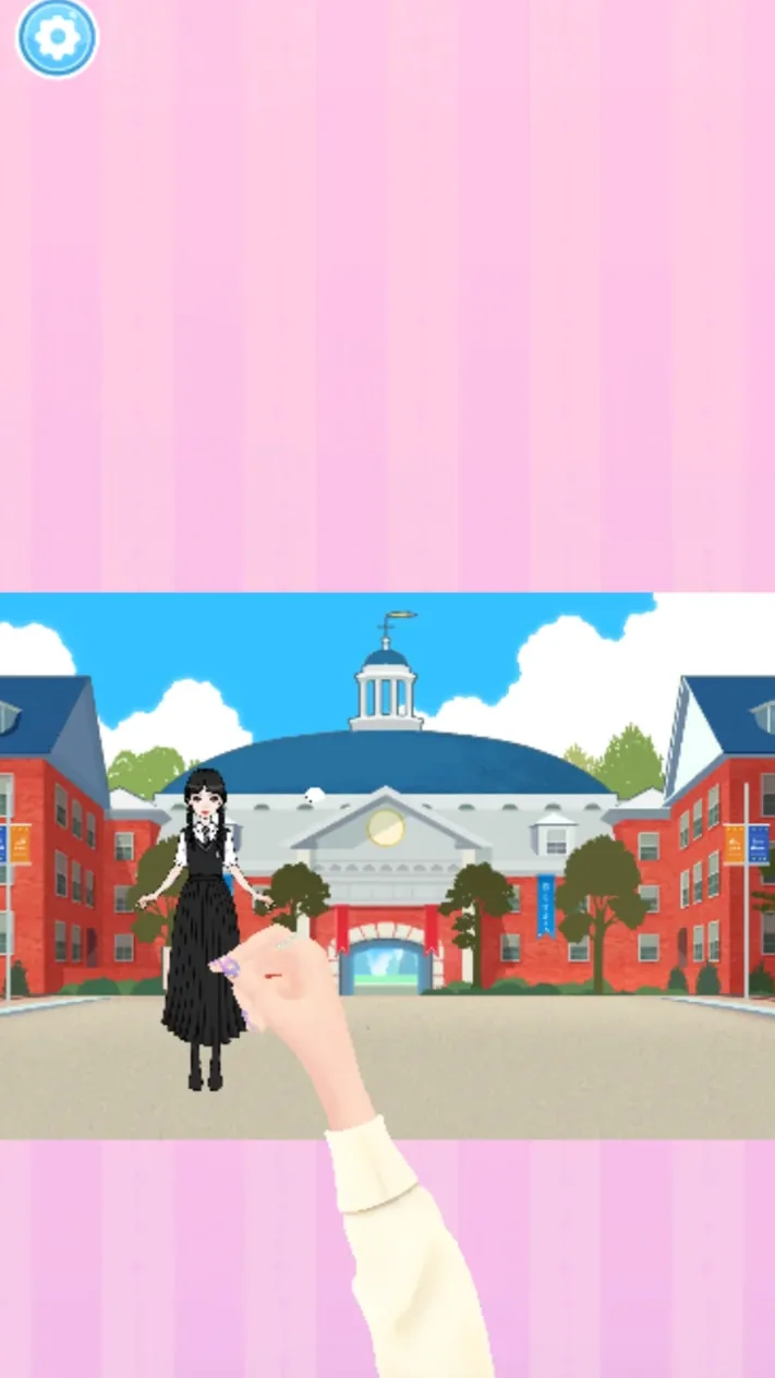 Placing the finished paper doll in front of the school
