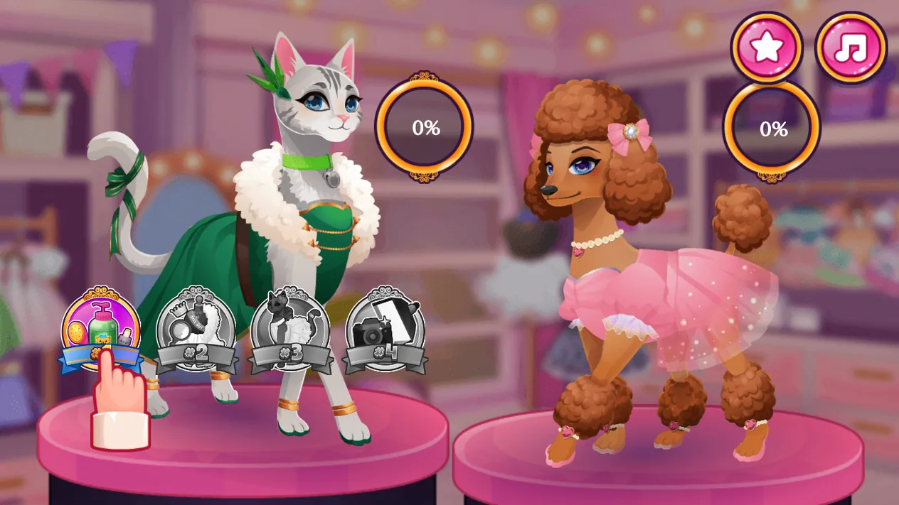 Pet Fashion Stylist cat and dog podiums above four workflow icons