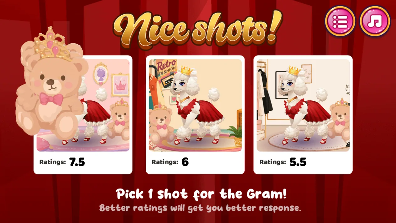 Pet Fashion Stylist final photo picker with three rated pet shots