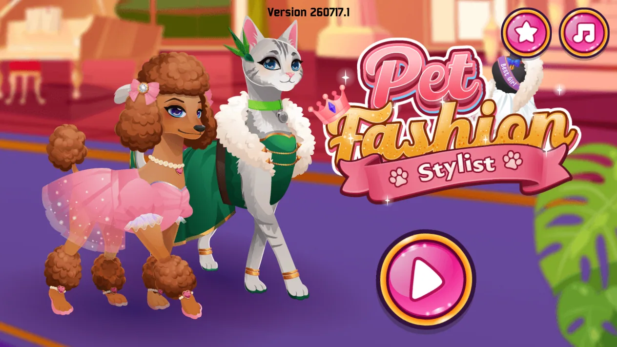 Pet Fashion Stylist title screen with a dressed dog and cat