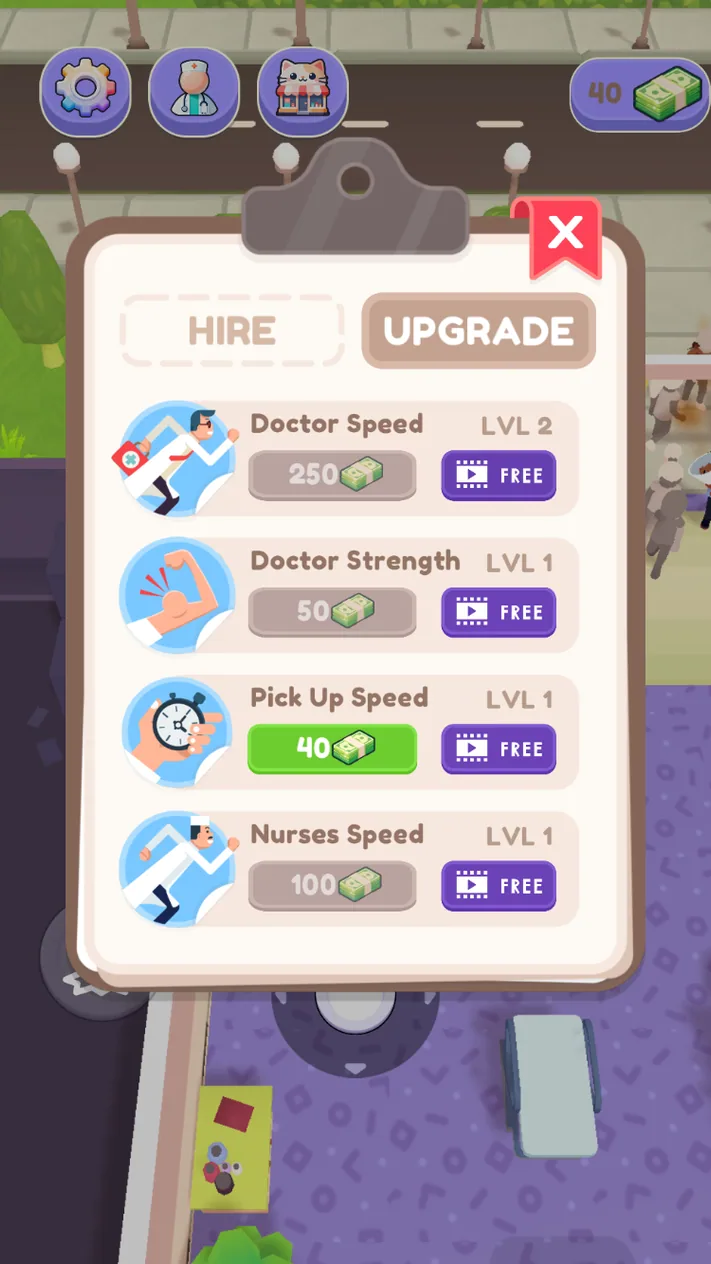 Pet Home Hospital Upgrade panel for doctor pickup and nurse speeds