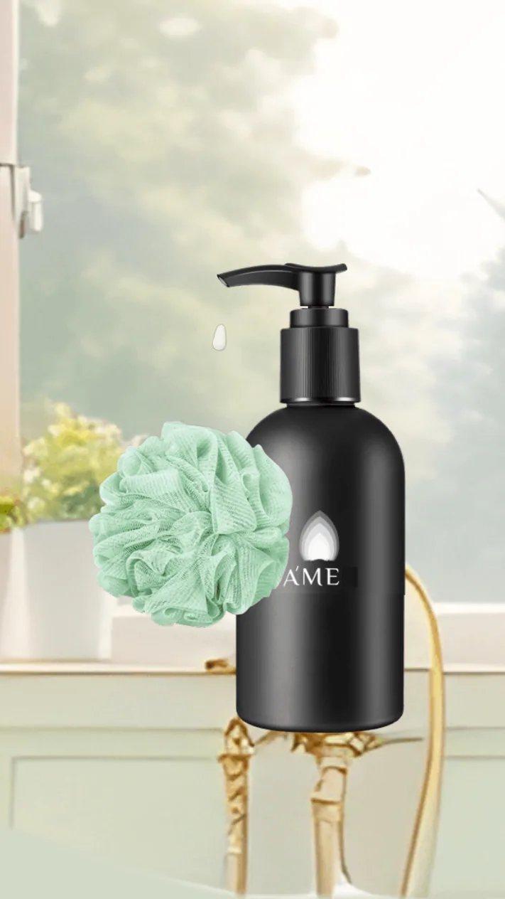 Pet Salon green bath sponge beside a black shampoo pump bottle