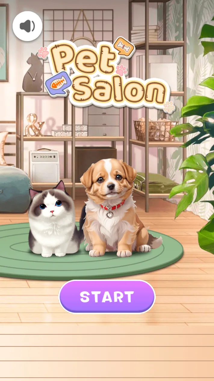 Pet Salon start screen with a cat dog and purple Start button