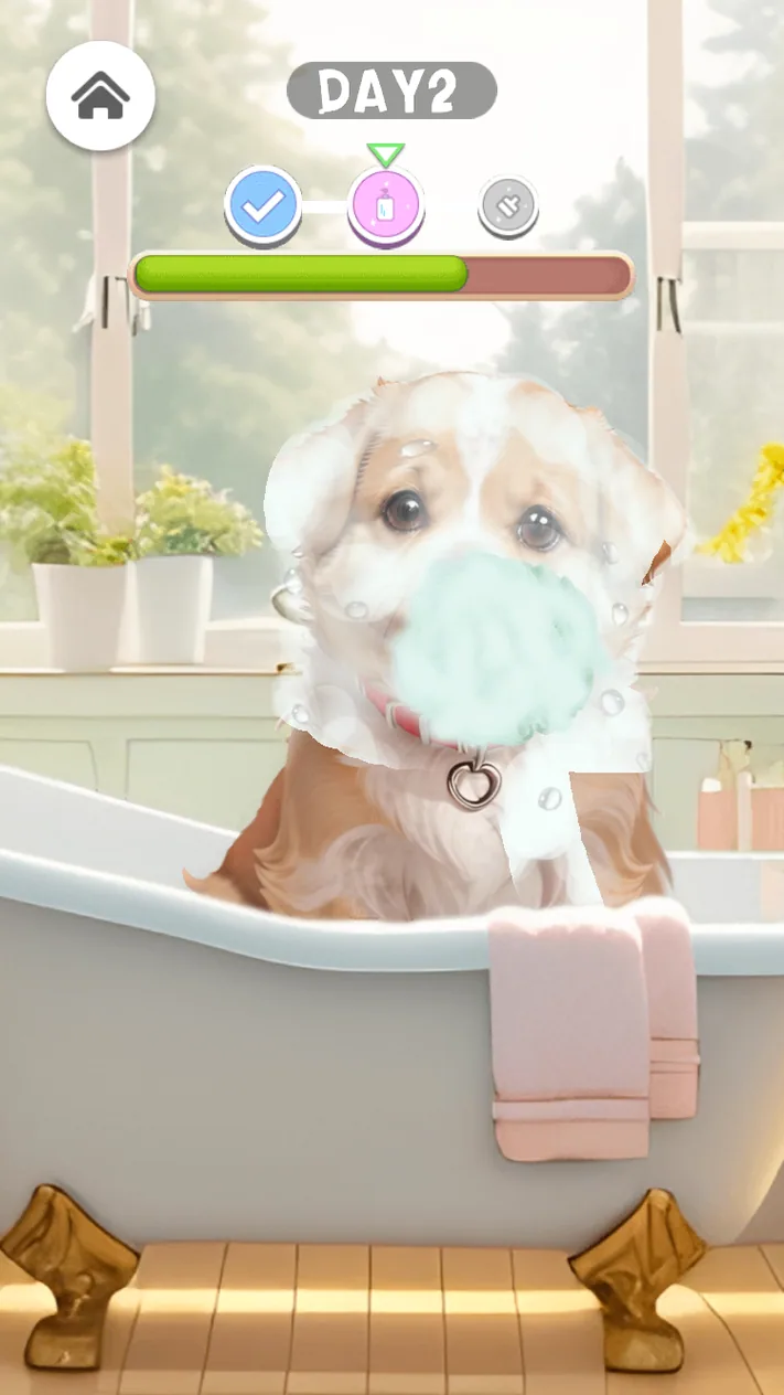 Pet Salon dog being washed with green foam in a bathtub