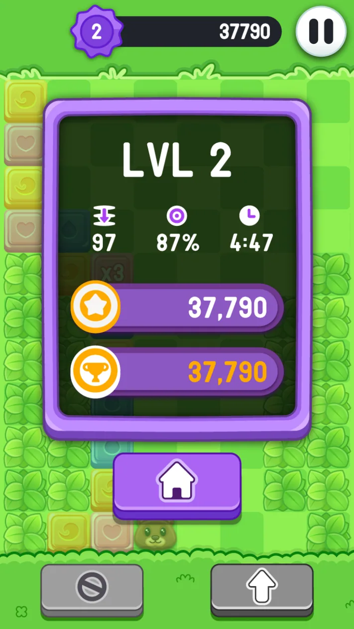 Pets Rush Level 2 results panel showing a score of 37790