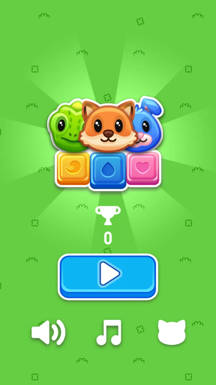 Pets Rush start screen with three animals and a blue play button