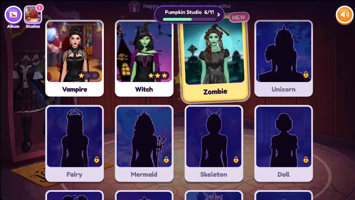 Character board with Vampire and Witch finished, Zombie selected, and later looks locked