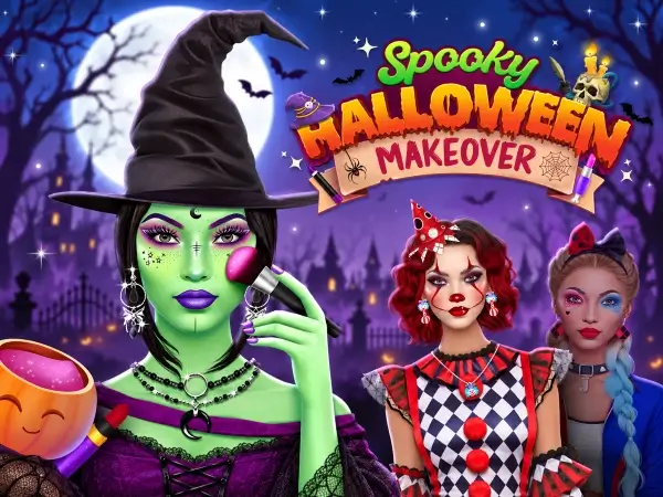Witch, clown, and blonde character on the Spooky Halloween Makeover cover
