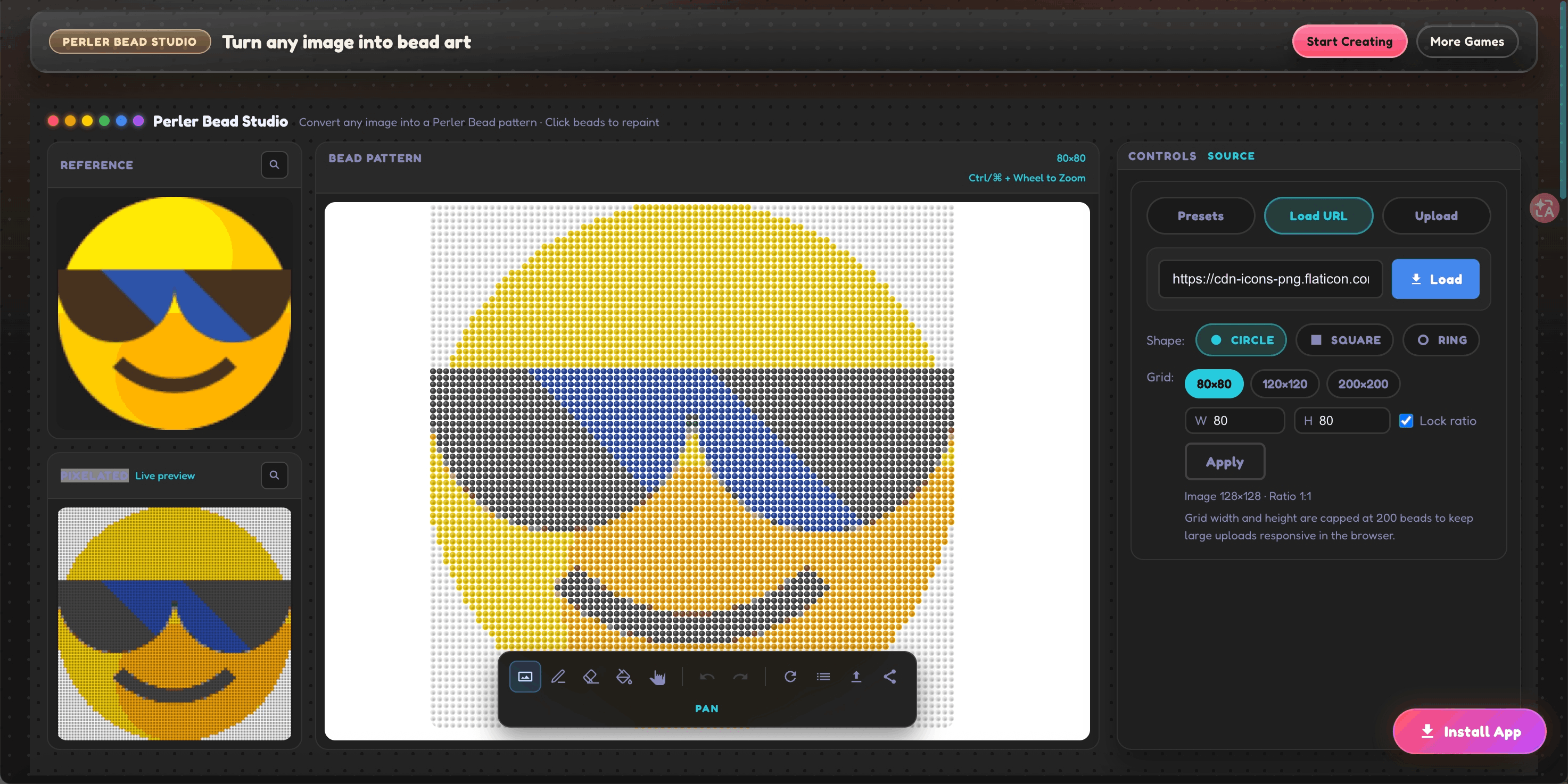Perler Bead Studio pattern output for Beadcraft Sam's creation