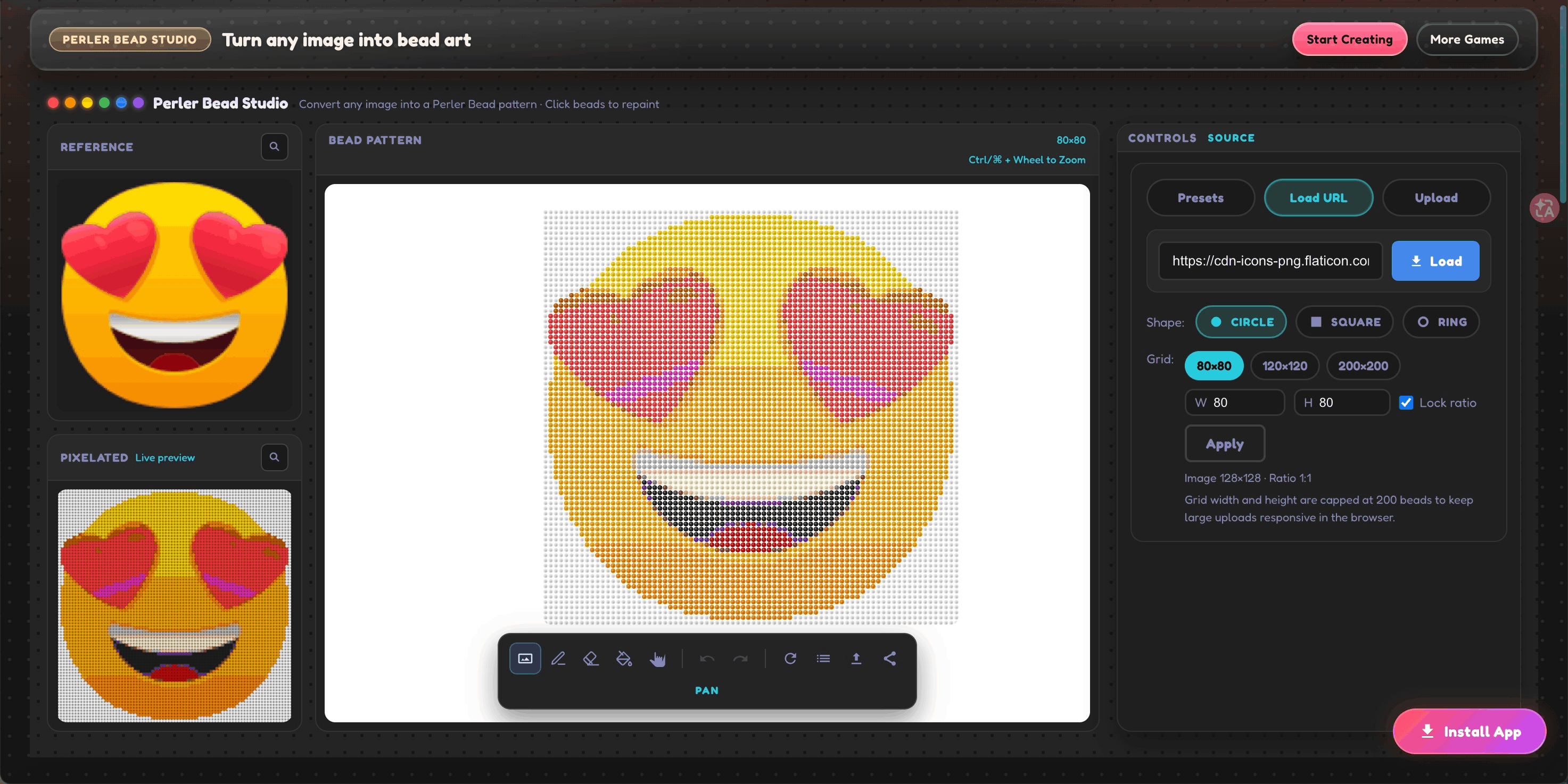 Perler Bead Studio pattern output for Pixel Kira's creation